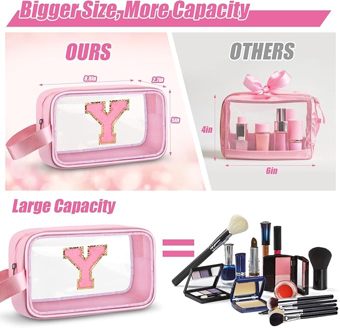 Initial Makeup Bag,Letter Y Cute Clear Monogrammed Cosmetic Travel Bag for Womens Girls,Personalized Pink Aesthetic Traveling Make Up Organizer Bag for Beach,Waterproof Toiletry Bag