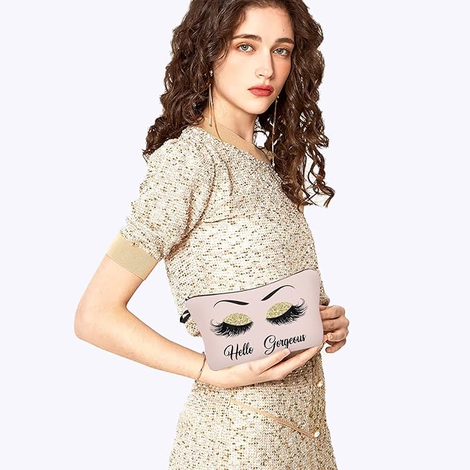 Hello Gorgeous Makeup Bag for Purse with Coin Purses 2PCS Set Eyelash Pink Cosmetic Bags for Women Small Funny Cosmetics Glitters Eyeshadows Travel Bag Cases