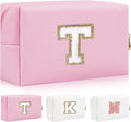 Personalized Initial Letter Patch Makeup Bag, Preppy Portable Chenille Letter Cosmetic Bag with Zipper, PU Leather Waterproof Travel Toiletry Bag Monogram Make Up Pouch for Women Girls