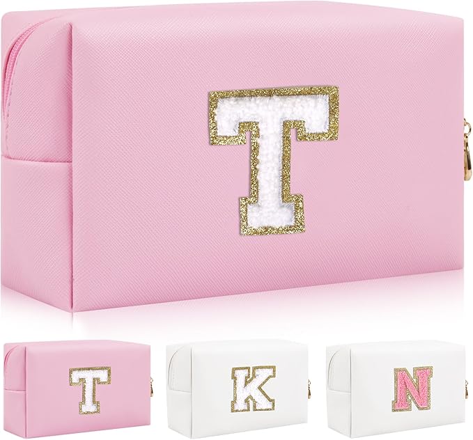 Personalized Initial Letter Patch Makeup Bag, Preppy Portable Chenille Letter Cosmetic Bag with Zipper, PU Leather Waterproof Travel Toiletry Bag Monogram Make Up Pouch for Women Girls