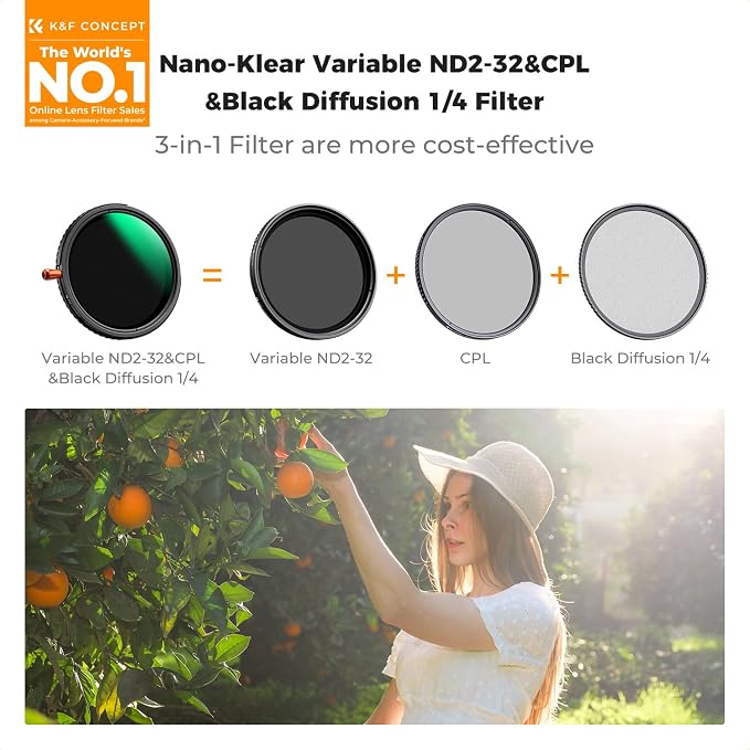 K&F CONCEPT 72mm Black Diffusion Mist Effect 1/4 & Variable ND2-32 & Circular - Image 2