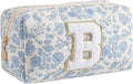 Gleyemor Personalized Initial Makeup Bag for Women, Cute Quilted Blue Floral Cotton Cosmetic Bag, Christmas Gifts for Her Mom Friend Sister Bridesmaid Teacher Women B