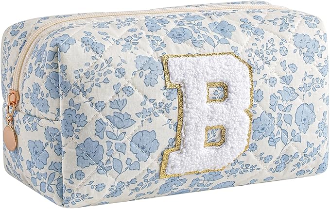 Gleyemor Personalized Initial Makeup Bag for Women, Cute Quilted Blue Floral Cotton Cosmetic Bag, Christmas Gifts for Her Mom Friend Sister Bridesmaid Teacher Women B