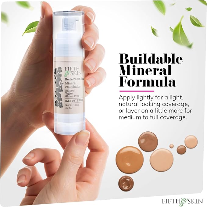 Fifth & Skin: Better’n Ur Skin Liquid Foundation (SANDY BEIGE) - Natural, Organic, Vegan, Cruelty-Free - Gluten-Free Beauty with Buildable Coverage and Palm-Free Luxury - 1 oz