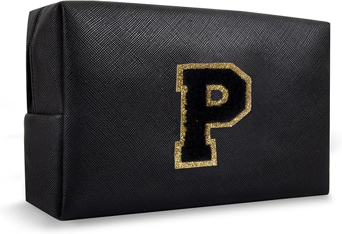 Personalized Initial Preppy Makeup Bag Organizer, Black Small Monogram Cosmetic Bag Travel Toiletry Zipper Pouch for Women, PU Leather Waterproof Make Up Case Proposal Gift for Brides Female(Letter P)