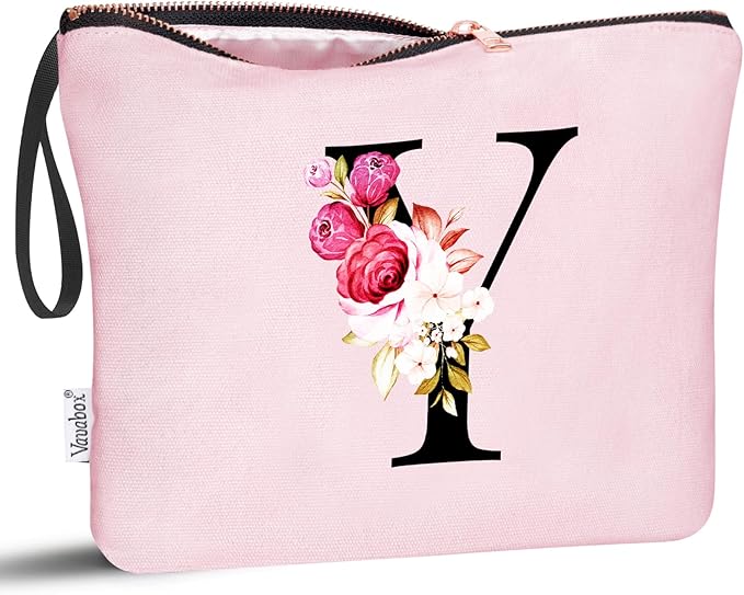 Vavabox A-Z Personalized Makeup Bag, Birthday Gifts for Women Mom, Gifts for Best Friend, Bride Bridesmaid Cosmetic bag (Y, Pink)