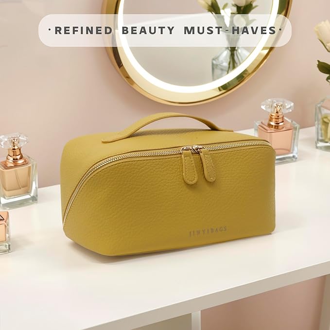 Travel Makeup Bag – Large Cosmetic Organizer with Waterproof PU Leather, Smooth Double Zipper & Tear-Resistant Lining, Toiletry Pouch for Women (Yellow)