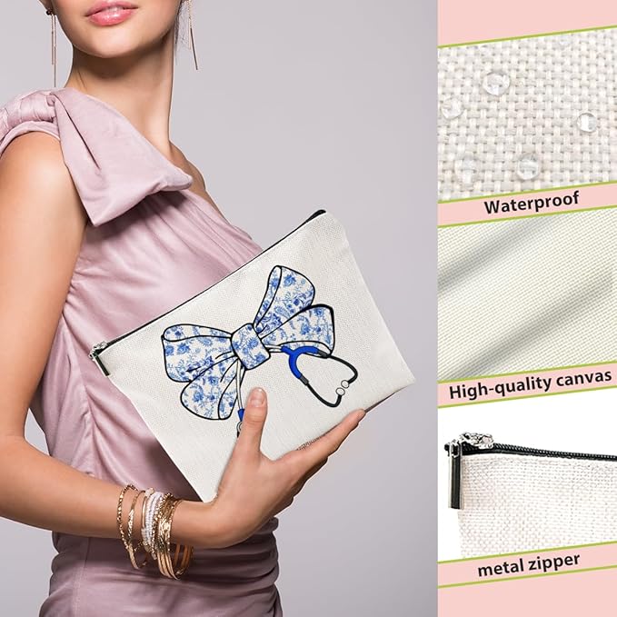 Nurse Gifts, Blue Bow Makeup Bag, Nurse Accessories Funny Horse Cosmetic Bag, Doctor Gift Nursing Travel Organizer Zipper Pouch Thank You Nurses Week Gifts for Women Coworker Physician Assistant