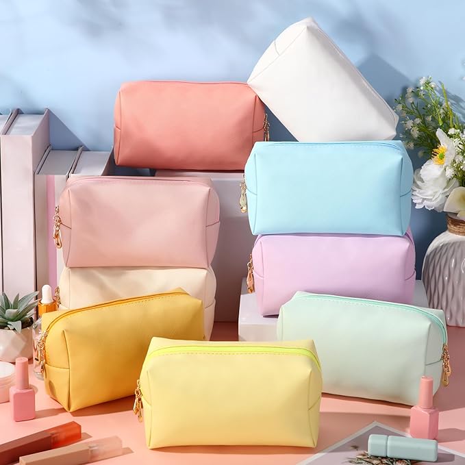 Sanwuta 9 Pcs Makeup Bags Bulk PU Double Zippers Cosmetic Bag Makeup Toiletry Christmas Small Pouch Portable Travel Organizers Case for Women Bridesmaid Party End of The Year(Macaron Colors)