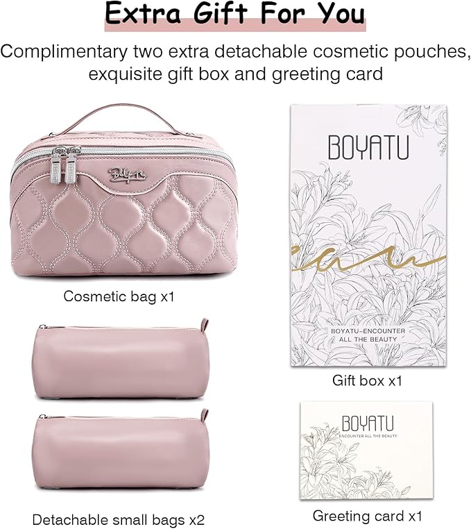 BOYATU Travel Makeup Bags for Women Cosmetic Bag: Puffy Make up Bags Set of 3 - Vegan Leather Makeup Organizer - Waterproof Large Toiletry Bag with Compartments - Travel Essentials (H-3-Pink)
