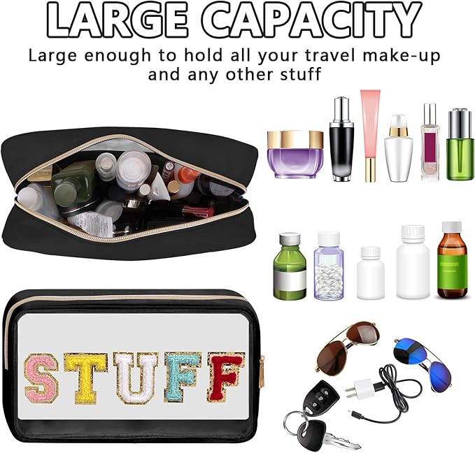 Iqimott Clear Patch Makeup Bag Stuff Pouch, Preppy Personalized Chenille Letter Cosmetic Pouch for Travel, Nylon Waterproof Organizer Travel Essentials Zipper Toiletry Bags for Women Girls(Black)