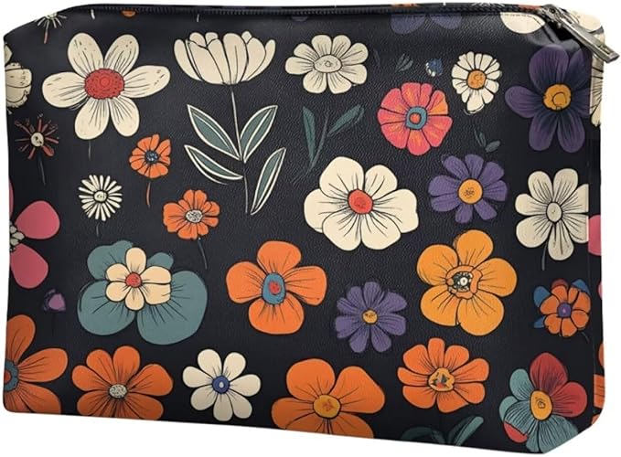 COEQINE Leather Cosmetic Purses for Women Large Capacity Floral Makeup Travel Bag With Zipper Portable Soft Pu Cosmetic Purse for Women Casual formal Wedding Handbag Cosmetic Travel Storage Bag
