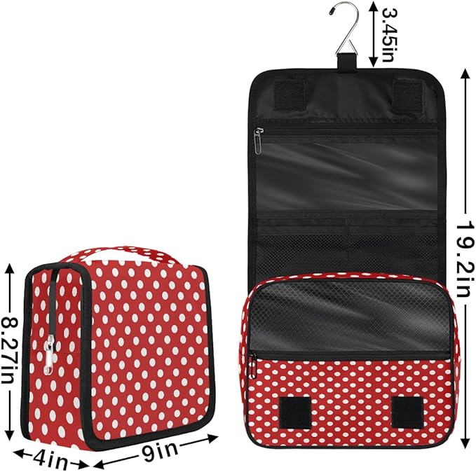 Travel Toiletry Bag for Women & Men Red White Polka Dot Hanging Cosmetic Organizer Portable Waterproof Makeup Case Make Up Bag with Compartments Travel Essentials for Bathroom Shower
