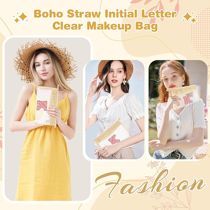 Small Boho Straw Initial Letter Makeup Bag Personalized Gift ,Cute Clear Chenille Patch Makeup Bag With Zipper,Trendy TSA Approved Travel Toiletry Bag,Gift for Women Girls Birthday Friend, Letter K