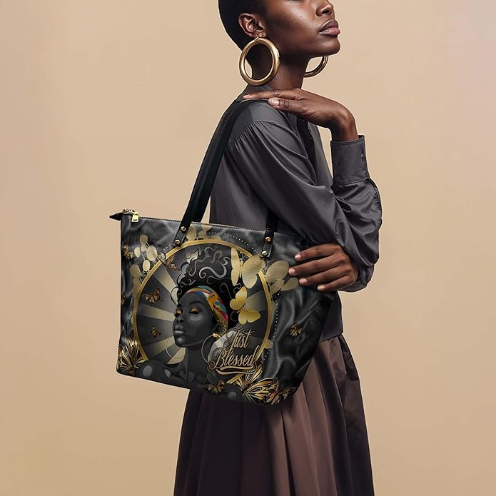 African Black Women's Leather Tote Bag, Large, Premium Vegan Leather, Full Zip, Perfect Christmas Gifts For Women