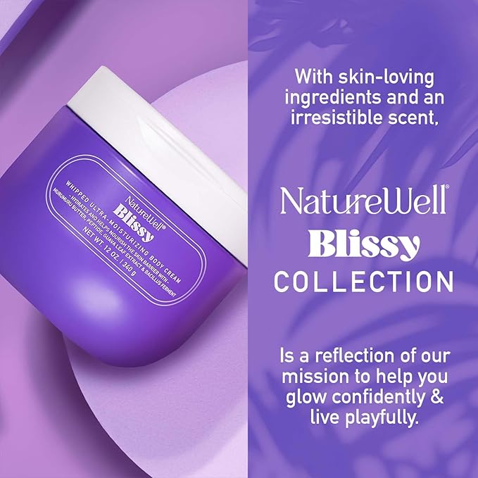 NATURE WELL Blissy Whipped Body Cream, Rich & Ultra-Moisturizing, Quick-Absorbing Formula for Daily Use, Enriched with Antioxidants, Hydrate & Nourishes Skin Barrier, Vanilla & Sandalwood Scent, 12 Oz