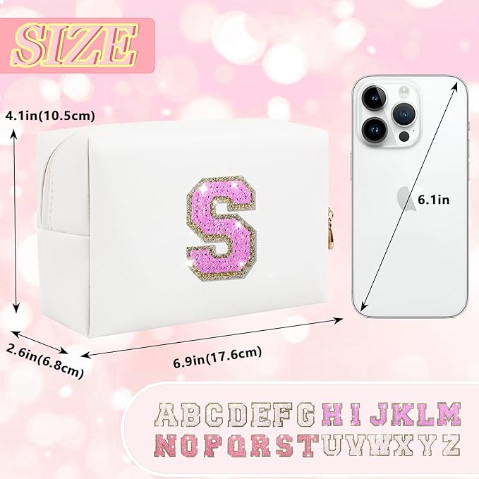 Personalized Initial Letter Makeup Bag, Small Glitter Letter Patch Cosmetic Pouch Zipper, Preppy Makeup Organizer PU Waterproof Travel Toiletry Bag, Monogrammed Birthday Gift for Women Girls