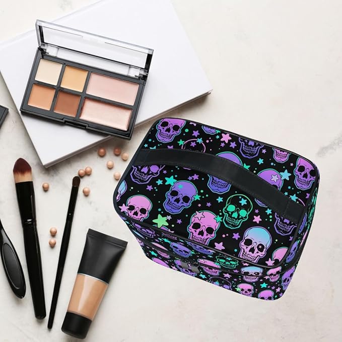 Makeup Bags, Stars Purple Skulls Makeup Organizer Bag Makeup Case Cosmetic Toiletry Bag for Girl Women Ladies