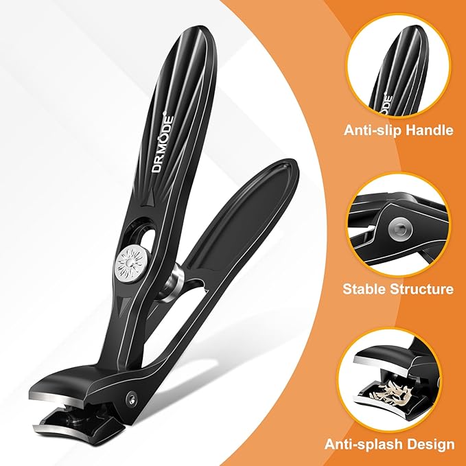 DRMODE Nail Clippers for Men Thick Nails, Angled Head Toe Nail Clippers for Thick Nails for Seniors, Wide Jaw Opening Toenail Clippers Heavy Duty Fingernail Clipper with Catcher Long Handle - Black