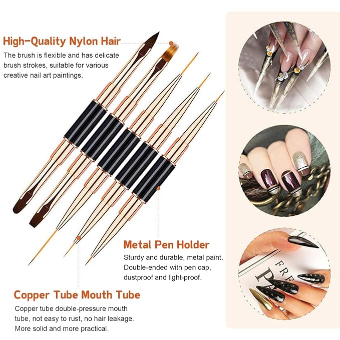 5Pcs Nail Art Bushes Set Double-Ended Professional Gel Polish Nail Art Design Painting Tools Nail Art Liner Brush (5/7/9/11/15/20mm) for Nails Detail, Long Lines, Ombre, Drawing(Black)