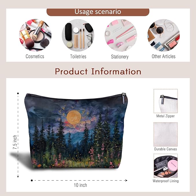 Watercolor Full Moon Above the Wildflowers Makeup bag, Cottagecore Accessories Cosmetic Bag, Cottagecore Gifts, Mystical Under Cold Moons Scenic Cosmetic Bag Toiletry Bag