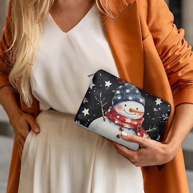 COEQINE Christmas Makeup Pouch for Purses for Women Leather Snowman Black Stars Mini Cosmetics Bag Cute Cosmetic Pouch for Women with Zipper Pen Pencil Toiletry Pouch for Birthday Xmas Gift