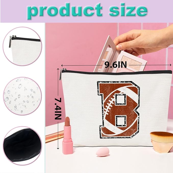 Rugby Gifts Initial Makeup Bag Monogrammed Cosmetic Bag Letter B Zipper Pouch Accessories for Girls Women Player Coach Wife Stuff Graduation Birthday Gifts
