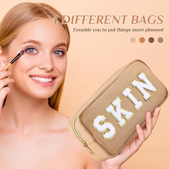Remerry 4 PCS Nylon Cosmetic Bags Waterproof Spacious Travel Makeup Organizer for Women Chenille Letter Preppy Zipper Pouch Face Stuff Skin Hair Organizer Gift(Brown Series)