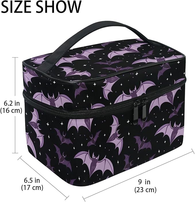 Makeup Train Case Halloween Purple Bats Carrying Portable Zip Travel Cosmetic Brush Bag Organizer Large for Women