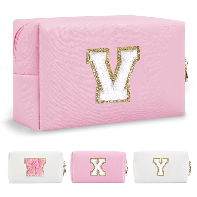 Personalized Initial A-Z Preppy Patch Makeup Bag,Small PU Chenille Letter Cosmetic Bag with Zipper for Teen Girls,Pink Cute Toiletry Organizer Bag,Monogram Makeup Case Gift for Women Girls,Letter V