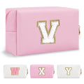 Personalized Initial A-Z Preppy Patch Makeup Bag,Small PU Chenille Letter Cosmetic Bag with Zipper for Teen Girls,Pink Cute Toiletry Organizer Bag,Monogram Makeup Case Gift for Women Girls,Letter V