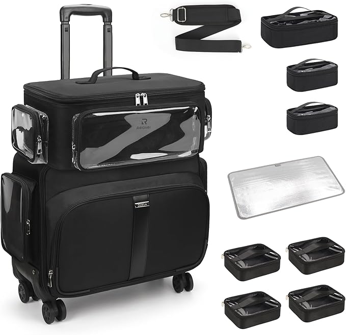 Rolling Makeup Train Case with Large Makeup Case，Professional Makeup Artist Traveling Bag with 7 Small Clear Bags, Cosmetology Case on Wheels, Adjustable Dividers for Cosmetics Makeup Brushes Toiletry
