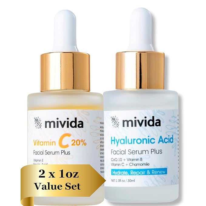 Mivida Anti-Aging Duo for Wrinkles| 20% Vitamin C Serum + Hyaluronic Acid Serum for Face | Fine Lines & Dark Spots – Brightening, Collagen Boosting, Sensitive Skin Safe, Fragrance Free| 2x1floz