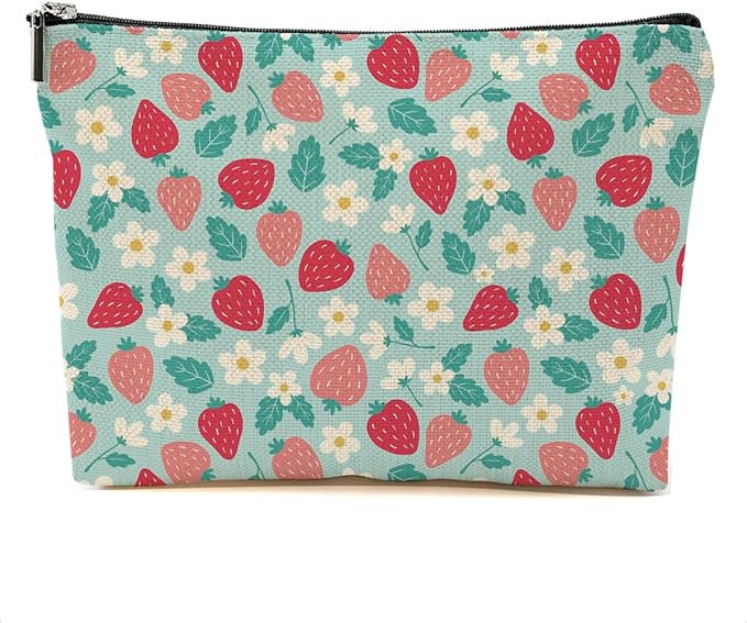 Cute Flowers Strawberry Makeup Bag Floral Cosmetic Bag Friend Friendship Gifts for Women Girls Sister Mom Coworker Botanical Travel Organizer Zipper Pouch Christmas Thanksgiving Birthday Gifts