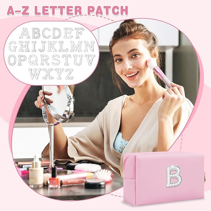 ChaoGreat Bride Gifts – Personalized Initial Makeup Bag with Pearl Rhinestone Patch, Preppy Pink Monogram Cosmetic/Toiletry Pouch, bridesmaid Gifts, Bridal Shower Gifts, Wedding Gifts, Bridal Gifts,B