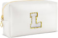 Gifts for Girls Initial Makeup Bag Personalized Cosmetic Bag with Zipper Cute Travel Toiletry Bags Waterproof PU Preppy Makeup Pouch Birthday Gift for Teen Girls Women(White L)