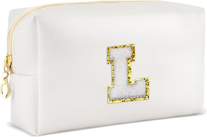 Gifts for Girls Initial Makeup Bag Personalized Cosmetic Bag with Zipper Cute Travel Toiletry Bags Waterproof PU Preppy Makeup Pouch Birthday Gift for Teen Girls Women(White L)
