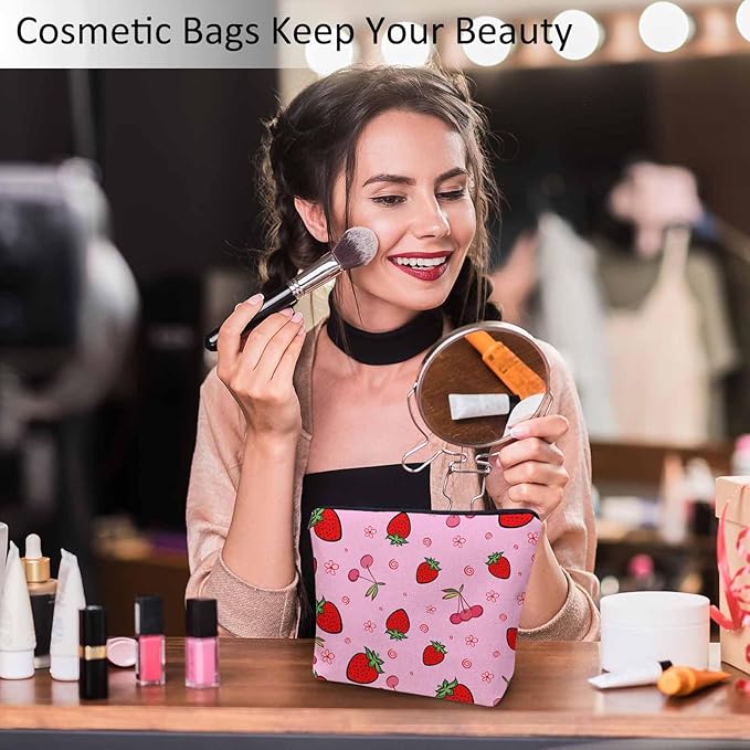 Strawberry Makeup Bags Makeup Organizer, Summer Strawberries Cherries Pink Flax Toiletry Bags Travel Cosmetic Bag Makeup Purse Pouch Skincare Bag Wallet Bags For Women Female Mom Daughter