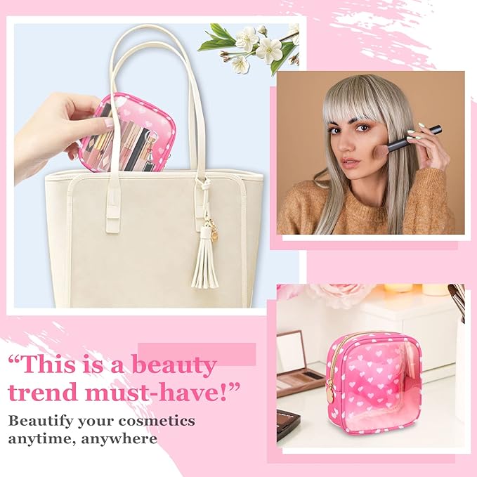 Mini Clear Travel Makeup Organizer Bag for Purse, Small Cute Preppy Pink Makeup Bag Cosmetic Zipper Pouch Purse, Transparent PVC & Nylon Waterproof Toiletry Storage Clutch for Women Girls(Pink Heart)