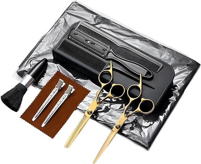 Hair Cutting Scissors Kit 11PCS, Professional Haircut Scissors with Japanese Stainless Steel Shears, Thinning Shears, Haircut Accessories in Leather Case for Salon/Home (Gold)