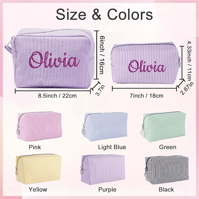 Personalized Seersucker Makeup Bag with Embroidered Name&Birth Flower,Custom Small Travel Cosmetic Bag Toiletry Bag Wedding Gifts for Bridesmaid Bride (Makeup Bag with Name)