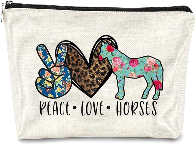 Horse Gifts for Women Horse Makeup Bag,Horse Themed Gifts for Women,Peace Love Horse Leopard Floral Cosmetic Bag Cowgirls Gift,Horse Lovers,Horse Owners Gifts, Christmas Birthday Gift
