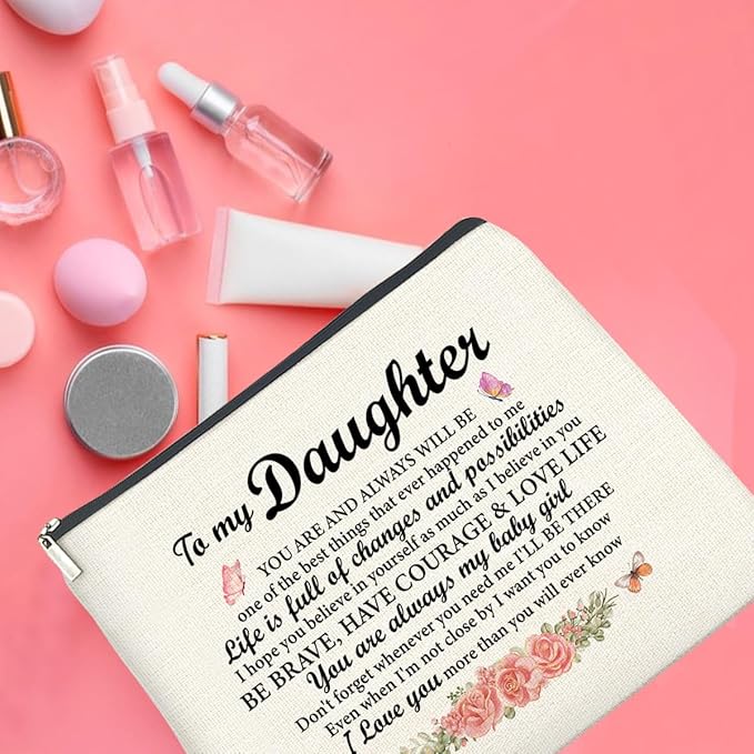 Daughter Gifts Makeup Bag, Gifts for Daughter Floral Cosmetic Bag Zipper Makeup Pouch Gift for Christmas Birthday Graduation