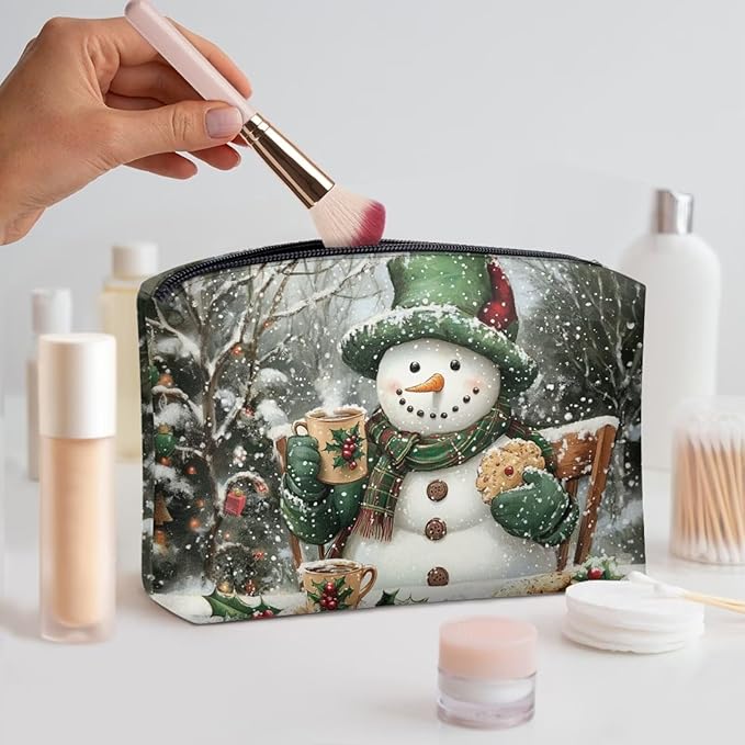 COEQINE Mini Cosmetic Bags for Women Leather Makeup Bag Large Travel Make up Brush Case Toiletry Bag for Womens Holiday Birthday Christmas Gifts,Cute Snowman Designer