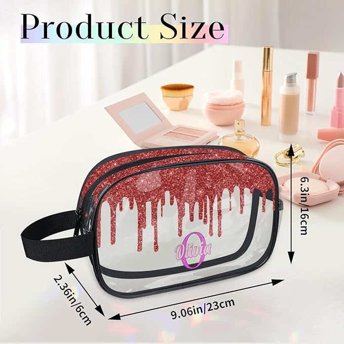 Personalized Travel Cosmetic Bag Waterproof Makeup Bags, Custom Name Clear PVC Organizer Case Toiletries Container Bag, Water Fluid Red Sequins