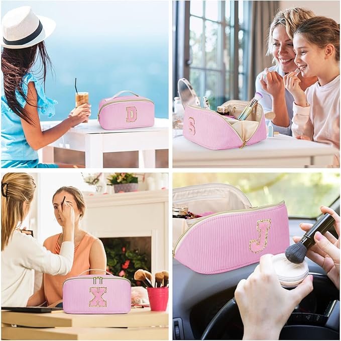 Personalized Initial Makeup Bag,Christmas Gifts for Girl,Preppy Bag Cosmetic Travel Bag Women,Travel Toiletry Organizer,Large Capacity Corduroy Stuff Bag,Cute Cosmetic Pouch Skincare Bag-T
