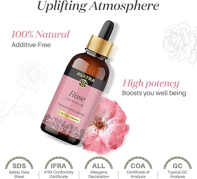 Avatra Rose Essential Oil 100ML (3.38 OZ) with Glass Dropper and Travel Bottle, Pure and Natural Therapeutic Grade Lavender Oil for Diffuser, Aromatherapy, Massage, and DIY Candle Products