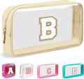 Small Clear Personalized Initial Makeup Bag,Nylon Preppy A-Z Chenille Letter Patch Cosmetic Pouch Beach Toiletry Bag,Waterproof Zipper Travel Purse Storage Bag Organizer for Women Girls(Beige-White B)
