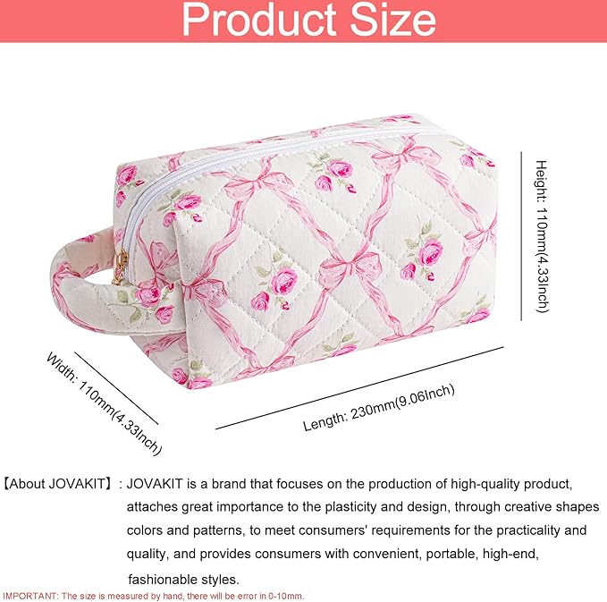 JOVAKIT Travel Makeup Bag Cosmetic Bag for Women, Christmas Gifts, Small Floral Flowers Coquette Toiletry Bag with Handle, Zipper Make Up Pouch Organizer Bag Trendy Stuff (Pink Bowknot)