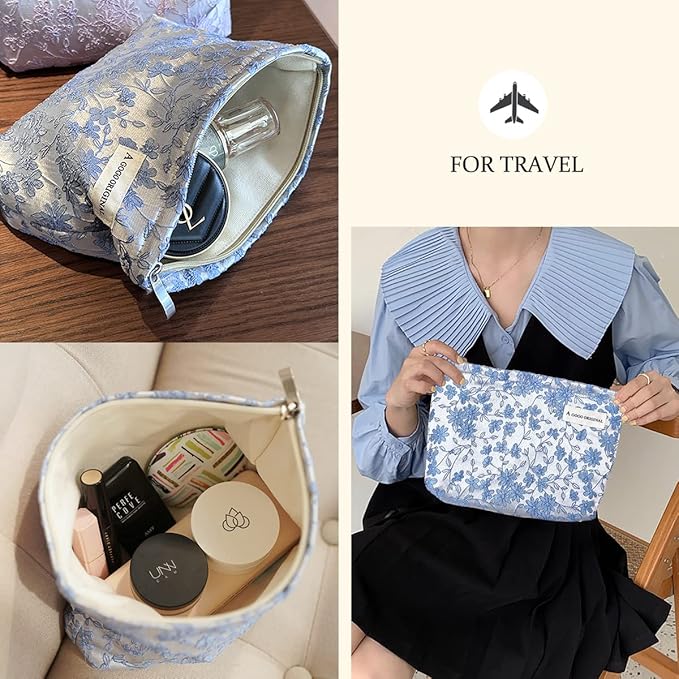 STARDW Aesthetic Floral Makeup Bag Cute Small Cosmetic Bags for Women Girls, Travel Toiletry Bag Large Capacity Zipper Makeup Pouch, Purse Organizer Pouches (Embroidery)